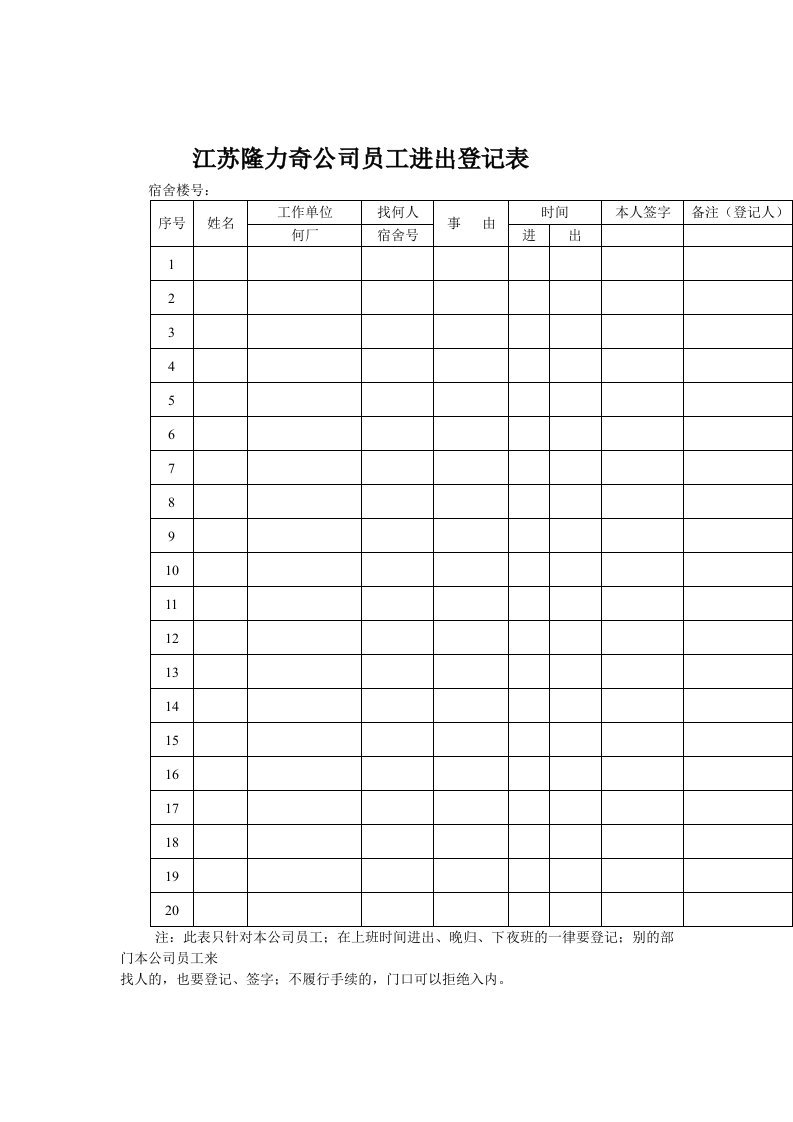 江苏隆力奇公司员工进出登记表