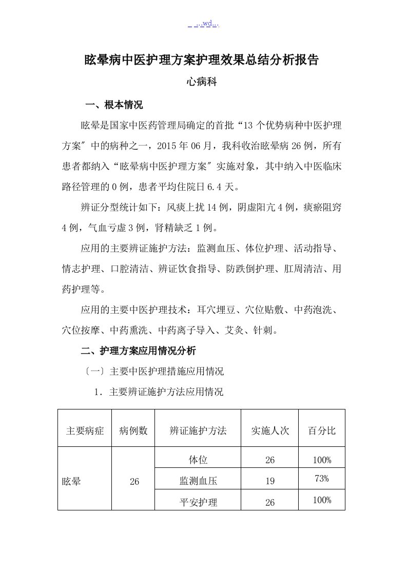 眩晕中医护理方案实施总结分析报告