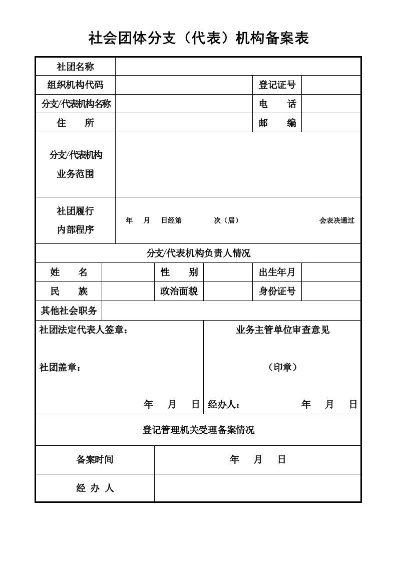 社会团体分支(代表)机构备案表