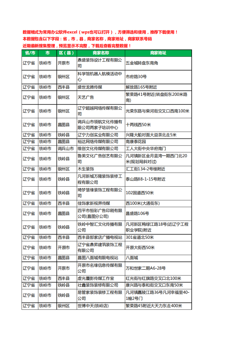 2020新版辽宁省铁岭市文化传媒有限公司工商企业公司商家名录名单黄页联