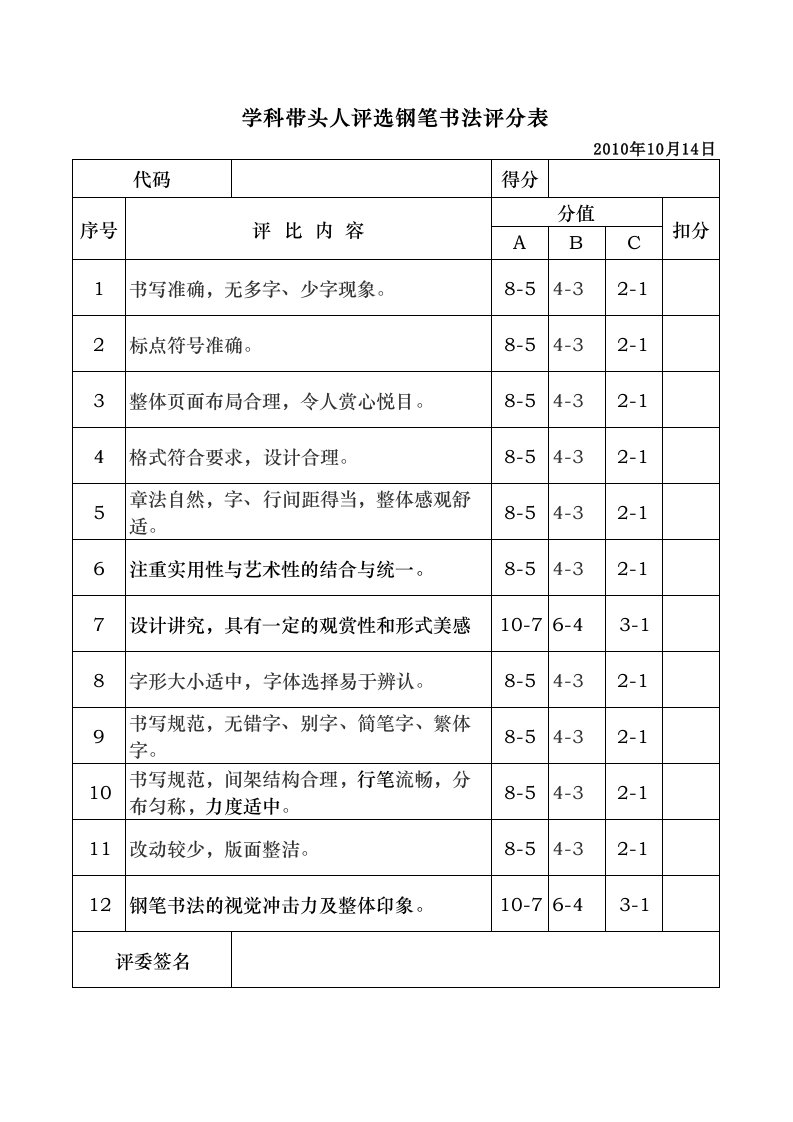 钢笔书法评分表