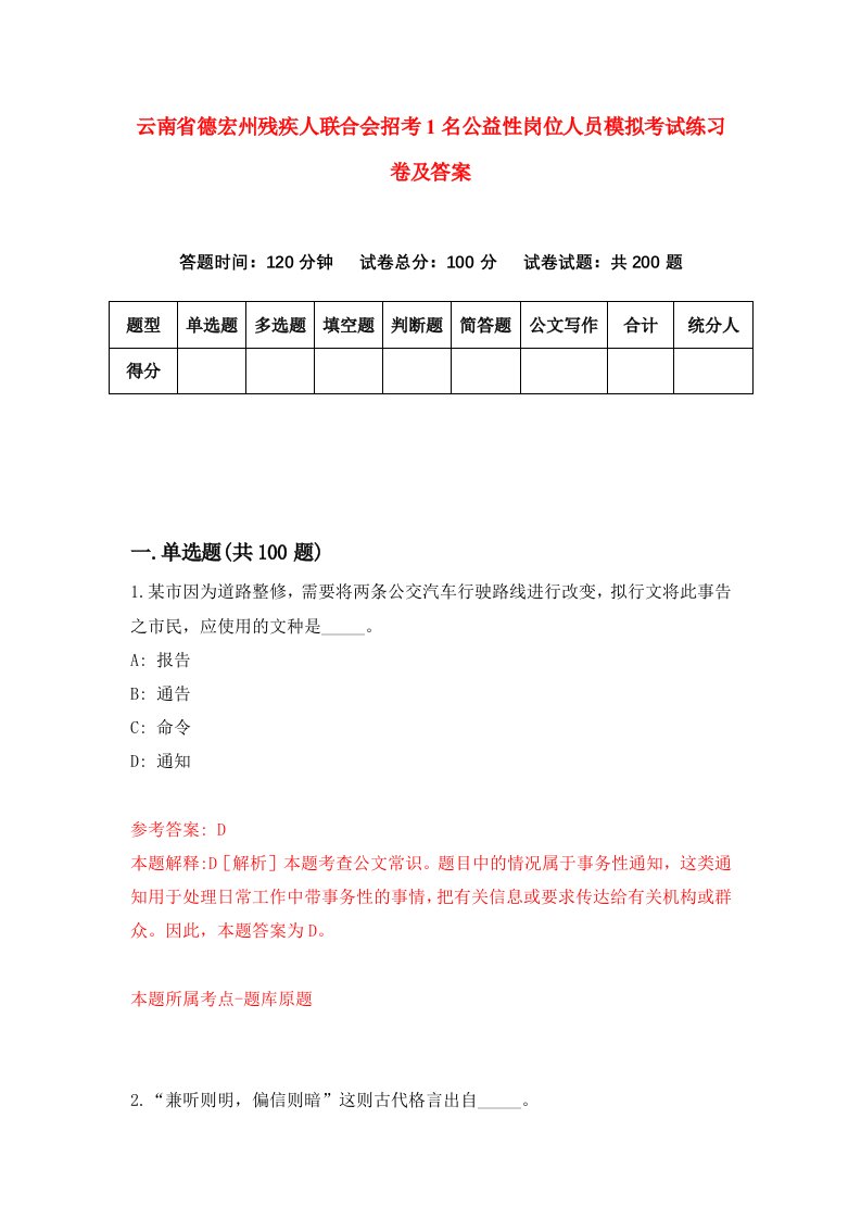 云南省德宏州残疾人联合会招考1名公益性岗位人员模拟考试练习卷及答案第3套