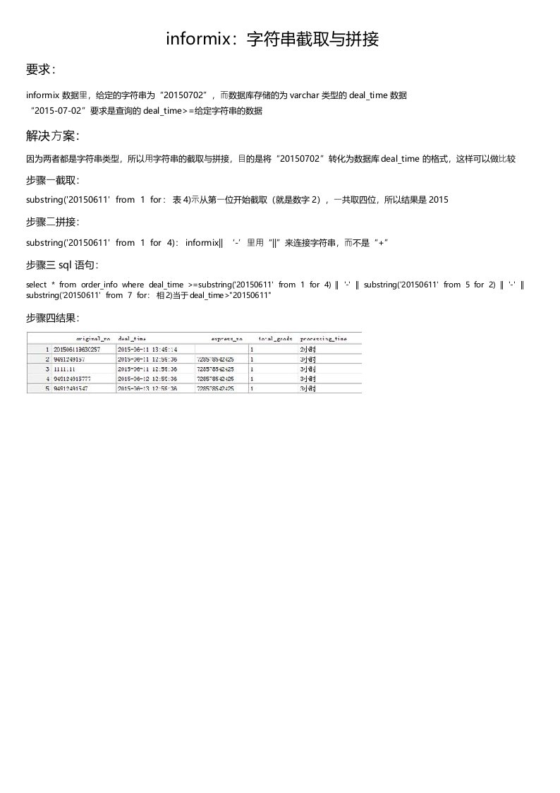 informix：字符串截取与拼接