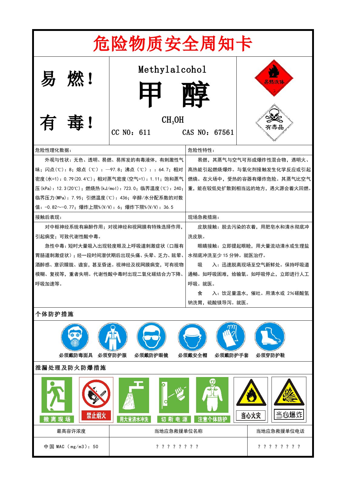 甲醇安全周知卡x