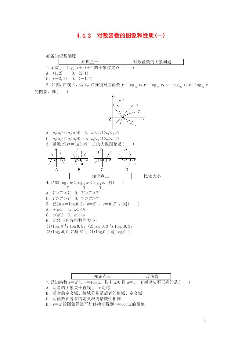 2020_2021学年新教材高中数学第四章指数函数与对数函数4.4对数函数4.4.2对数函数的图象和性质一精品练习含解析新人教A版必修第一册