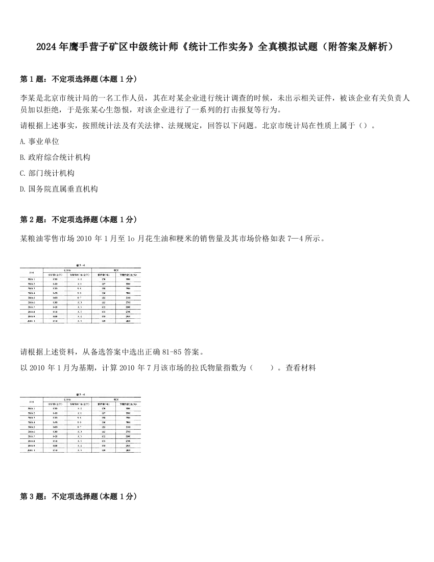 2024年鹰手营子矿区中级统计师《统计工作实务》全真模拟试题（附答案及解析）