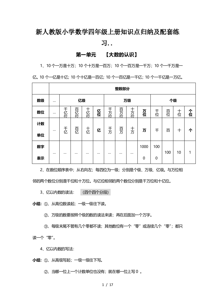 新人教版小学数学四年级上册知识点归纳及配套练习..