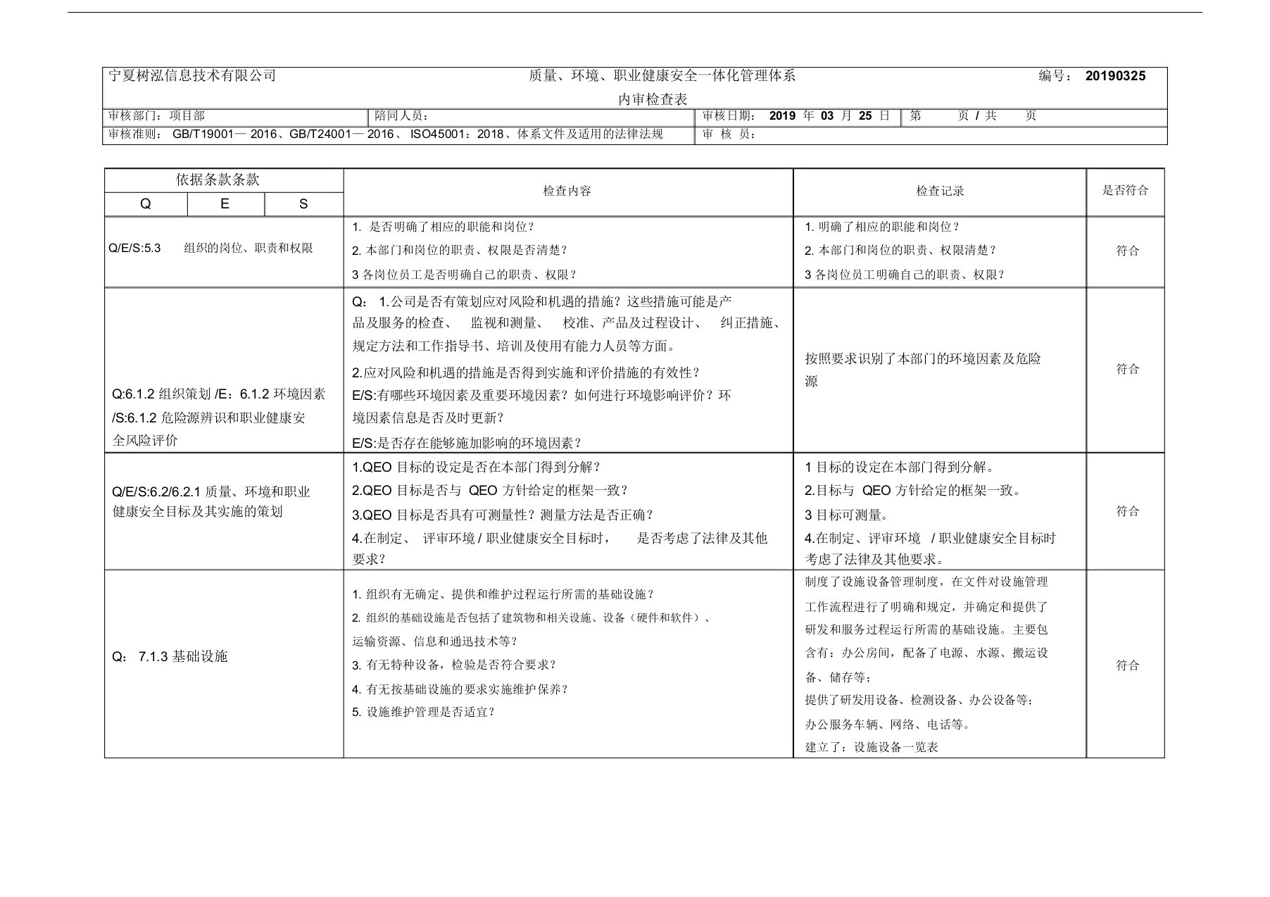 内审检查表—项目部gbt19001—2016、gbt24001—2016、iso45001：2018质量环境、职业健康安全一体化管理体系