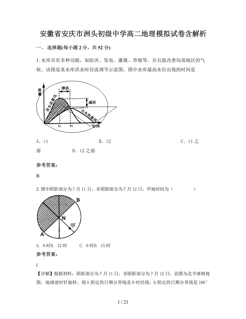 安徽省安庆市洲头初级中学高二地理模拟试卷含解析