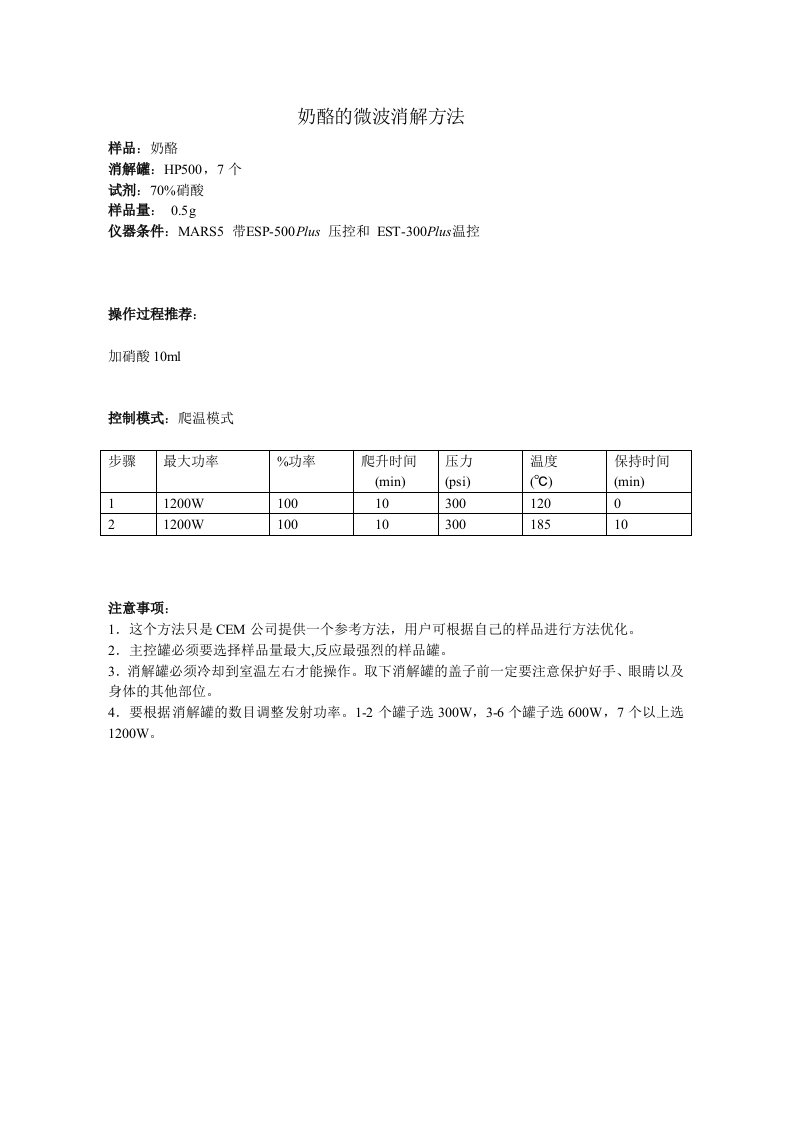 奶酪的微波消解方法