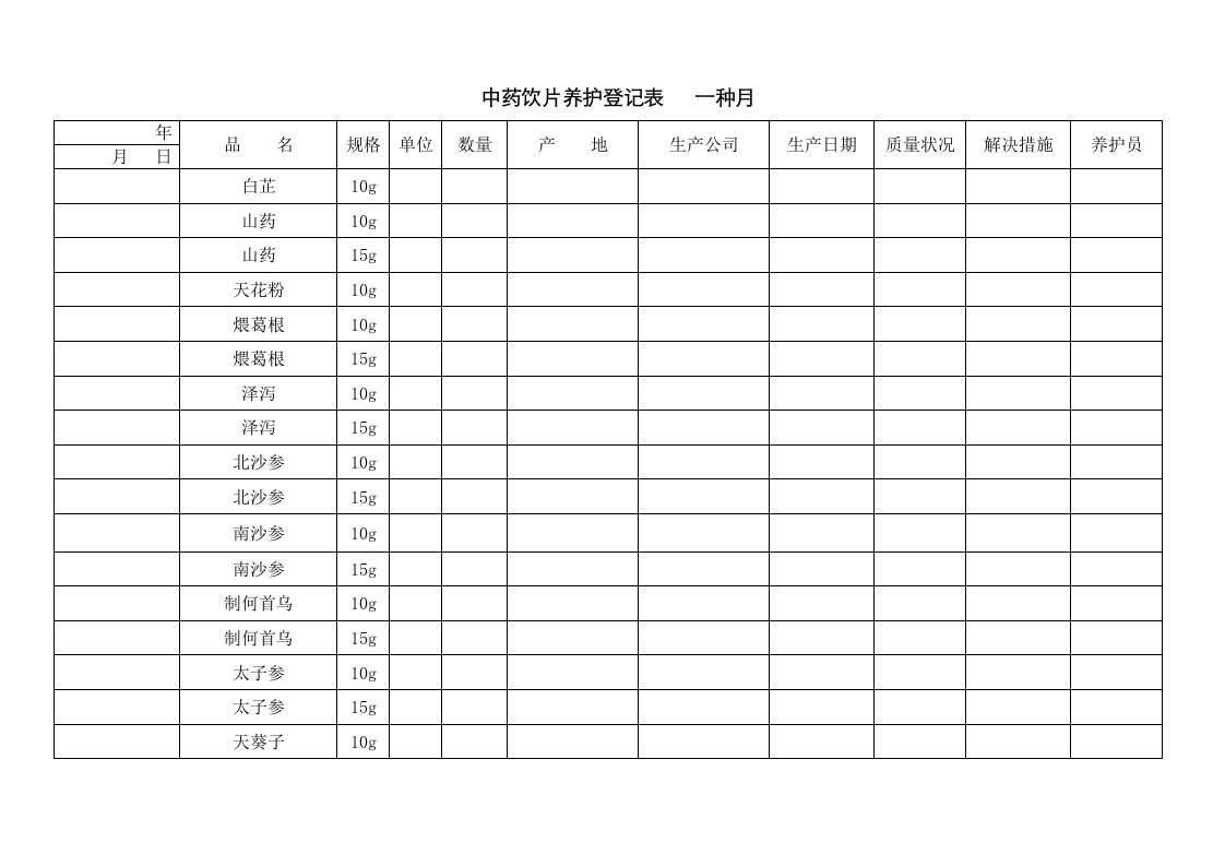 中药饮片养护记录表一个月