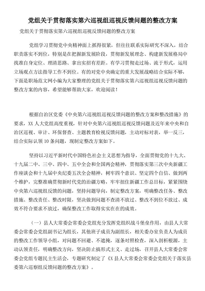 党组关于贯彻落实第六巡视组巡视反馈问题的整改方案