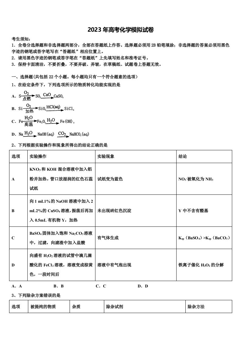 上海市华东师大二附中2023届高三第一次模拟考试化学试卷含解析