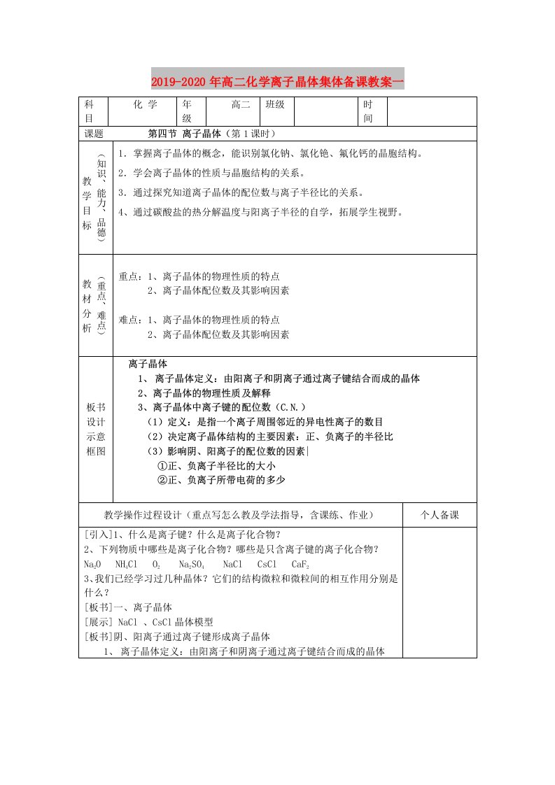 2019-2020年高二化学离子晶体集体备课教案一