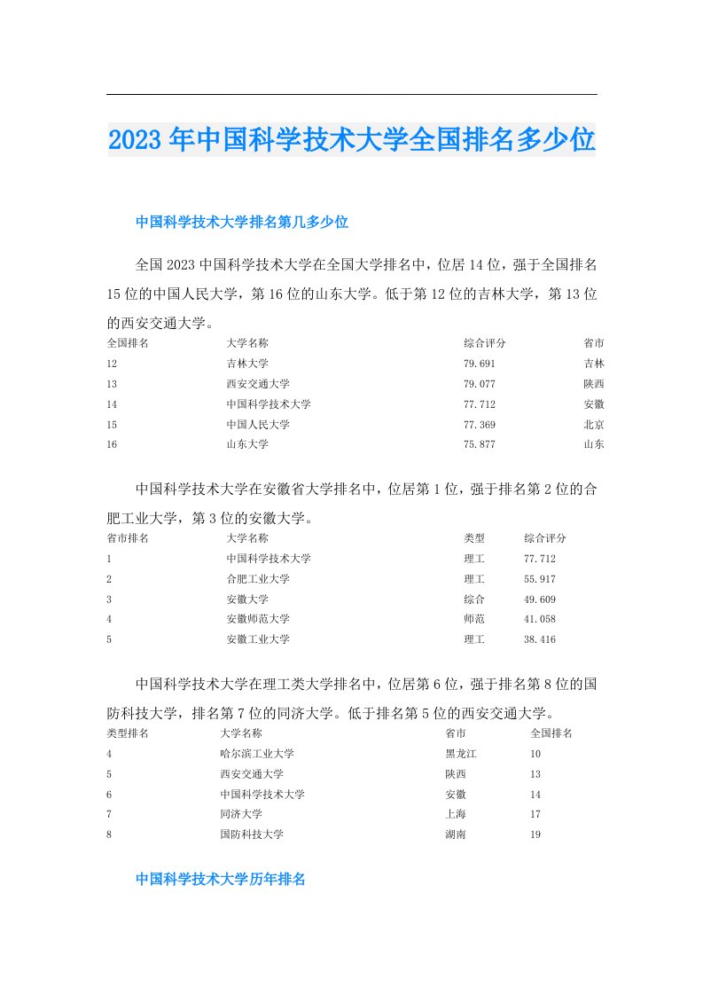 中国科学技术大学全国排名多少位