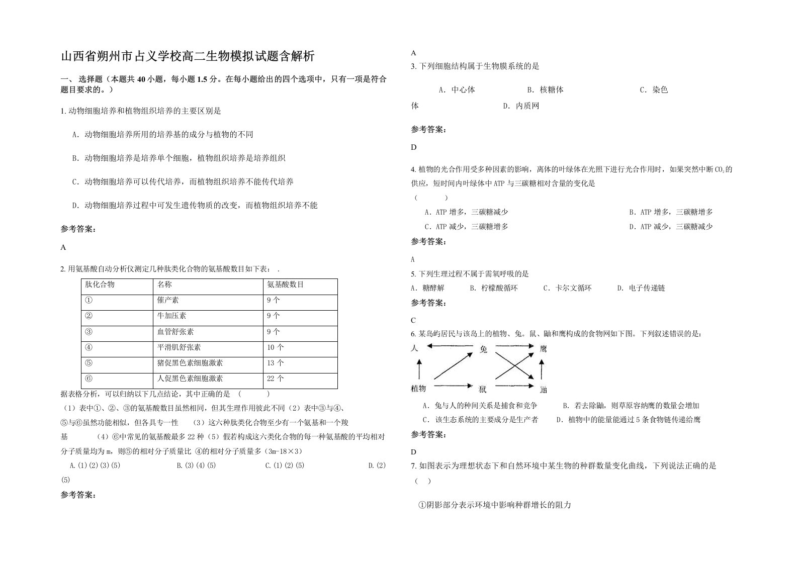 山西省朔州市占义学校高二生物模拟试题含解析