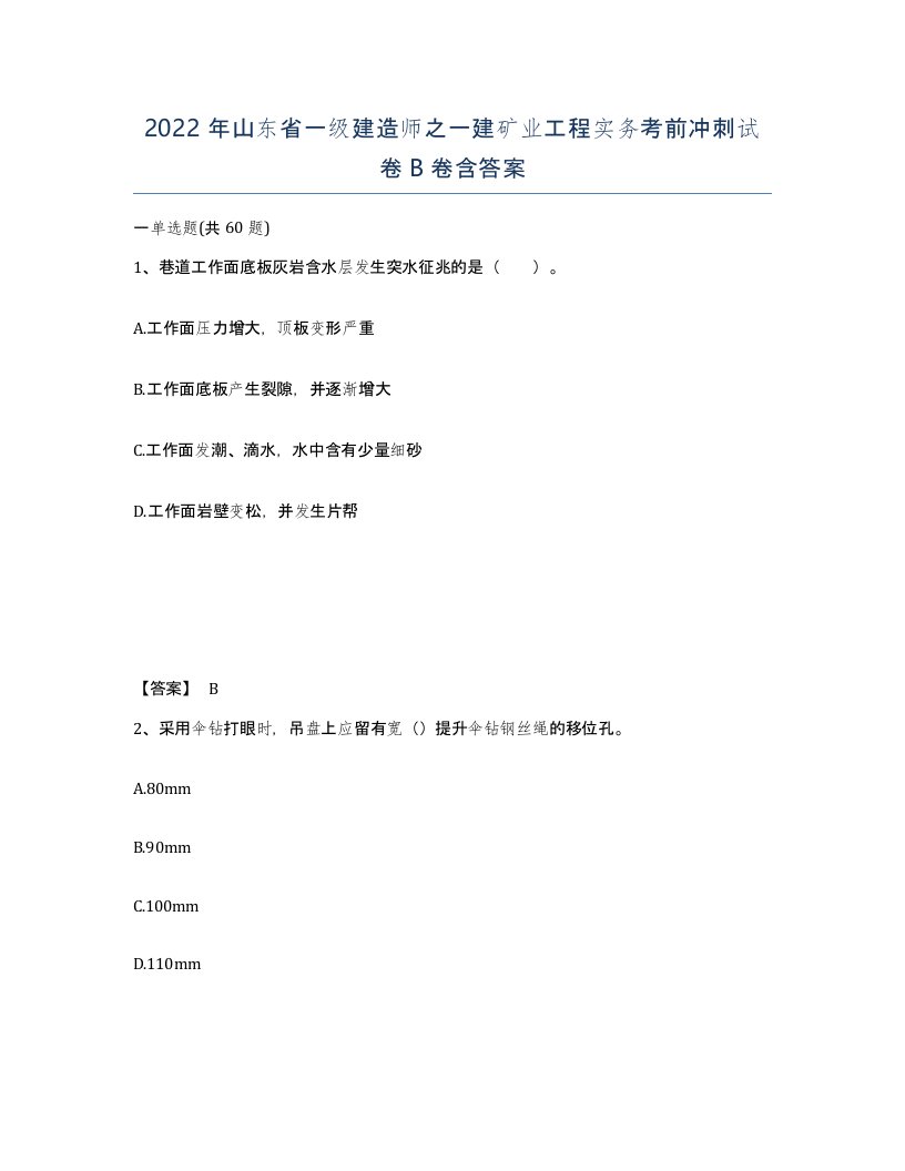 2022年山东省一级建造师之一建矿业工程实务考前冲刺试卷B卷含答案