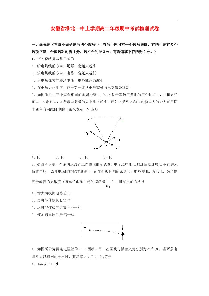 安徽省淮北市高二物理上学期期中试题新人教版