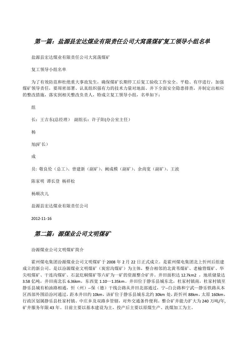 盐源县宏达煤业有限责任公司大窝荡煤矿复工领导小组名单[修改版]