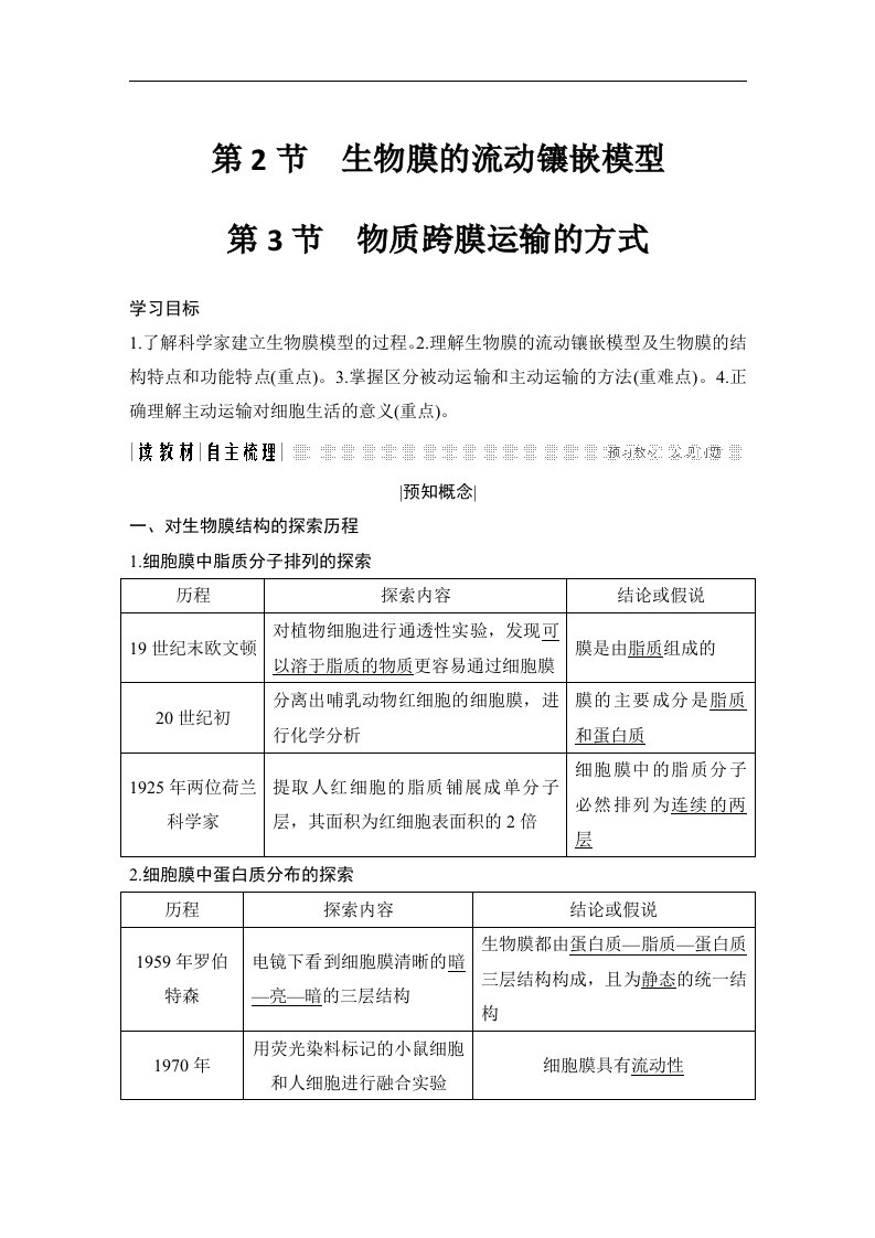 18-19版-4.2-4.3生物膜的流动镶嵌模型物质跨膜运输的方式（创新设计）