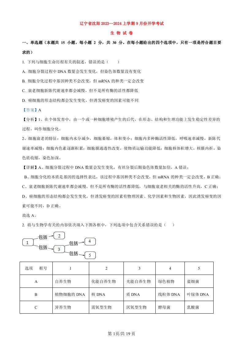 辽宁省沈阳2023_2024高三生物上学期9月开学考试试题