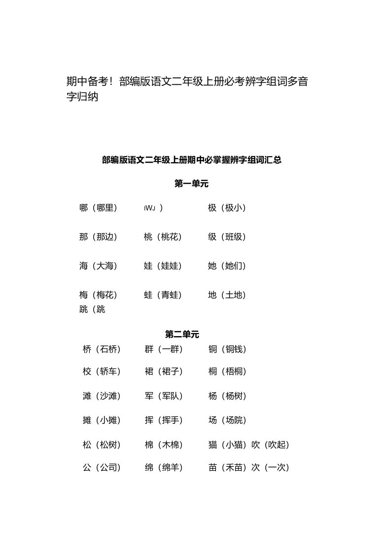 期中备考部编版语文二年级上册必考辨字组词多音字归纳