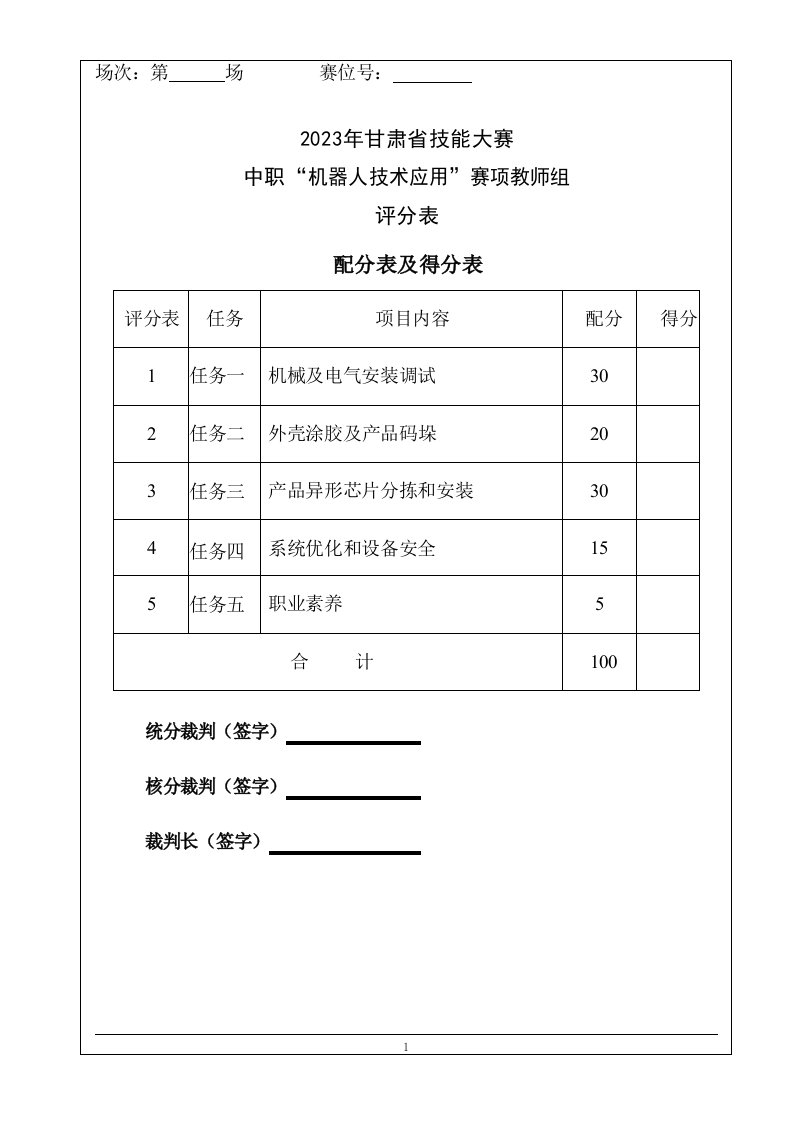 2023年甘肃中职职业技能大赛“机器人技术应用”评分表1