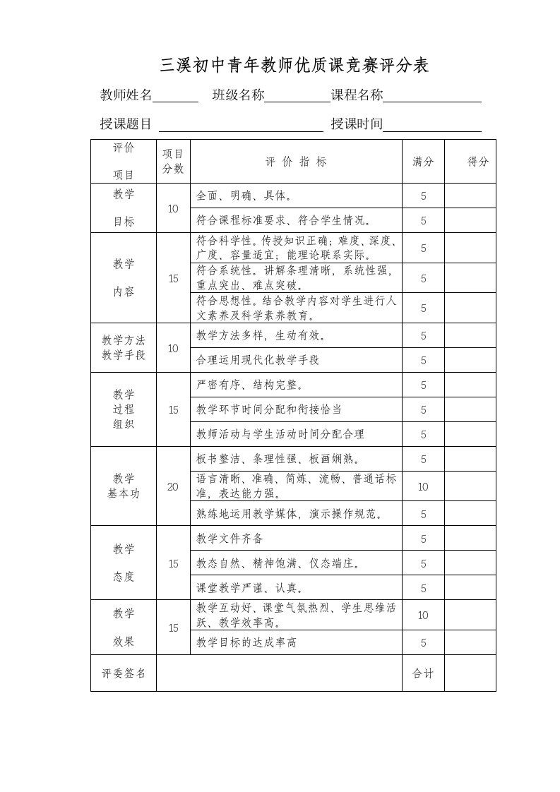 青年教师优质课竞赛评分表