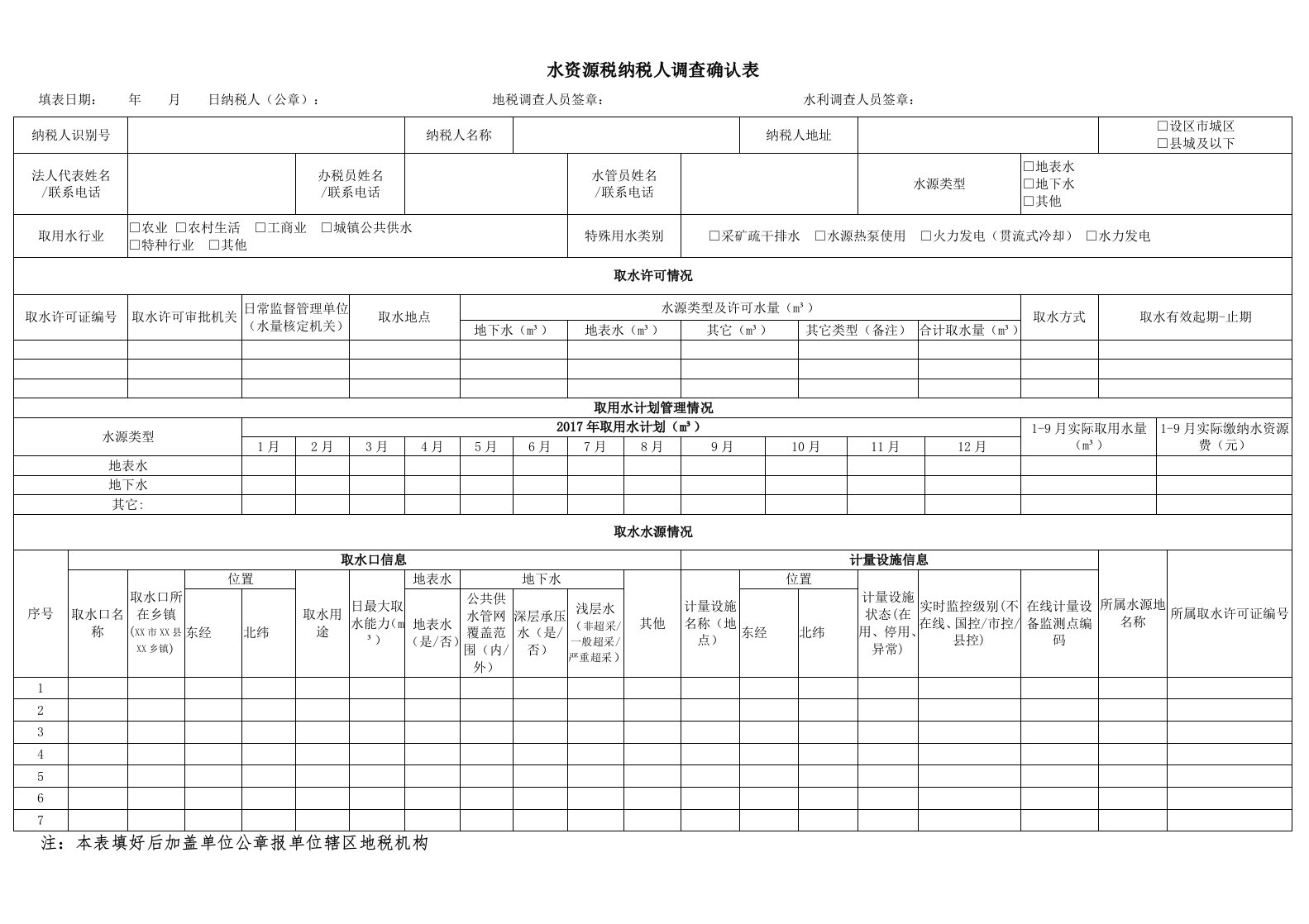 水资源税纳税人调查确认表格