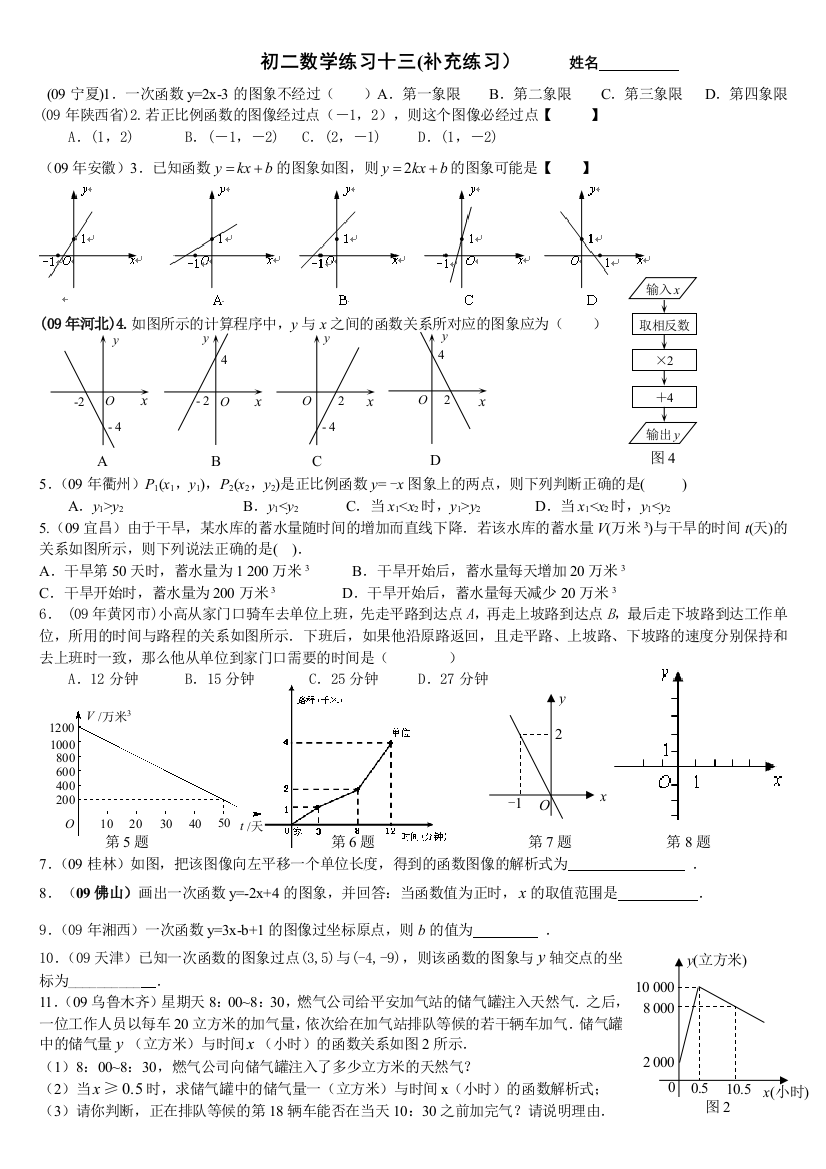 【小学中学教育精选】09年试题一次函数测试_