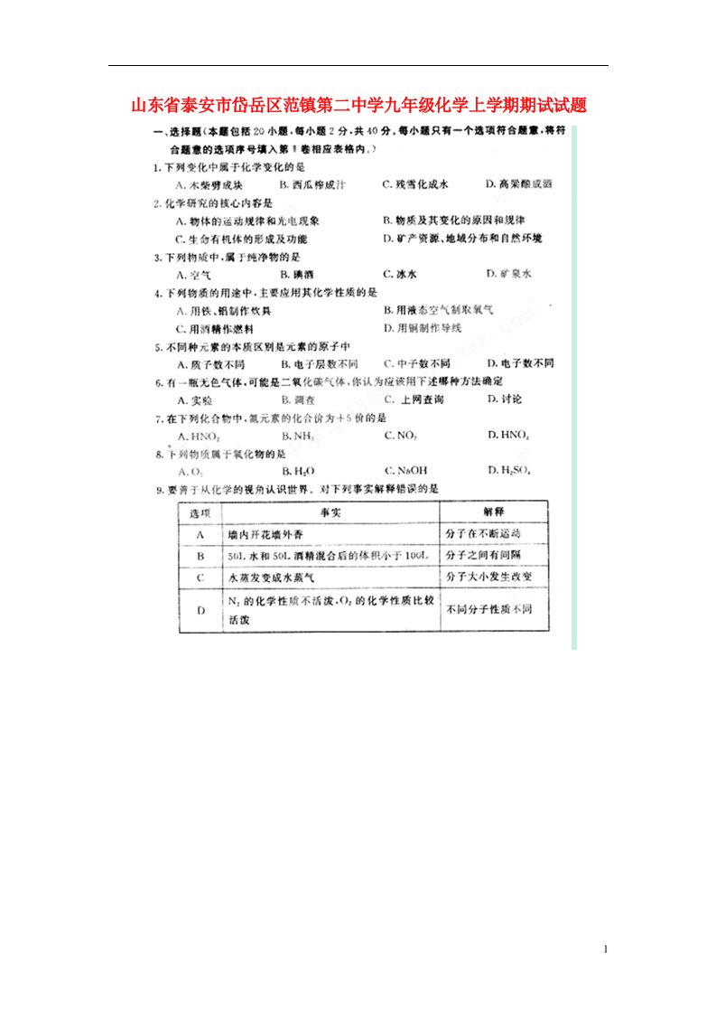 山东省泰安市岱岳区范镇第二中学九级化学上学期期试试题（扫描版）