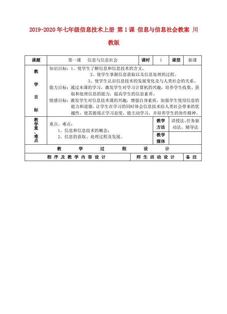 2019-2020年七年级信息技术上册