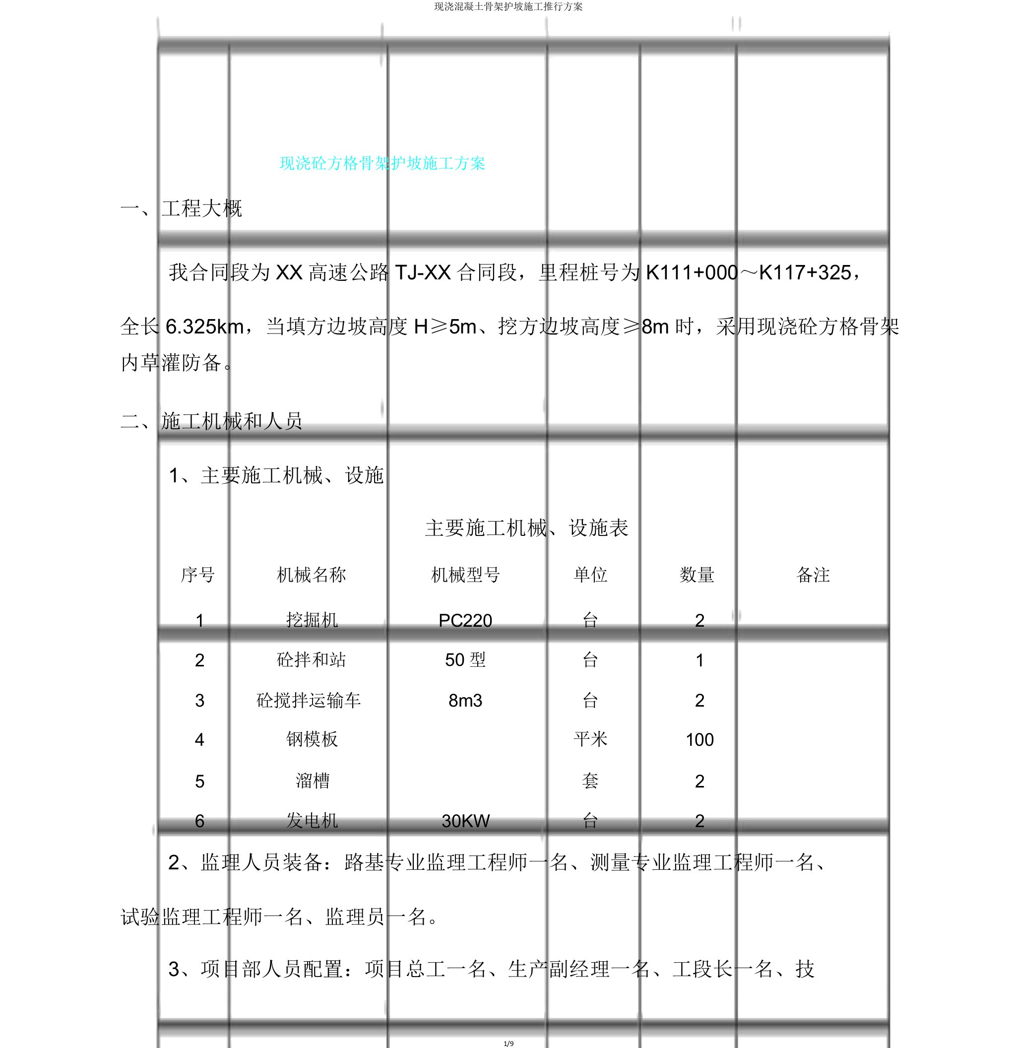 现浇混凝土骨架护坡施工实施方案