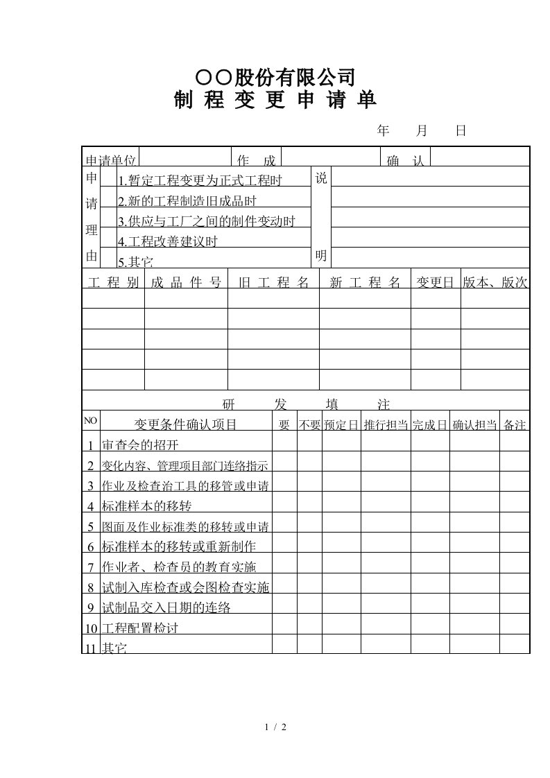 公司制程变更申请单表