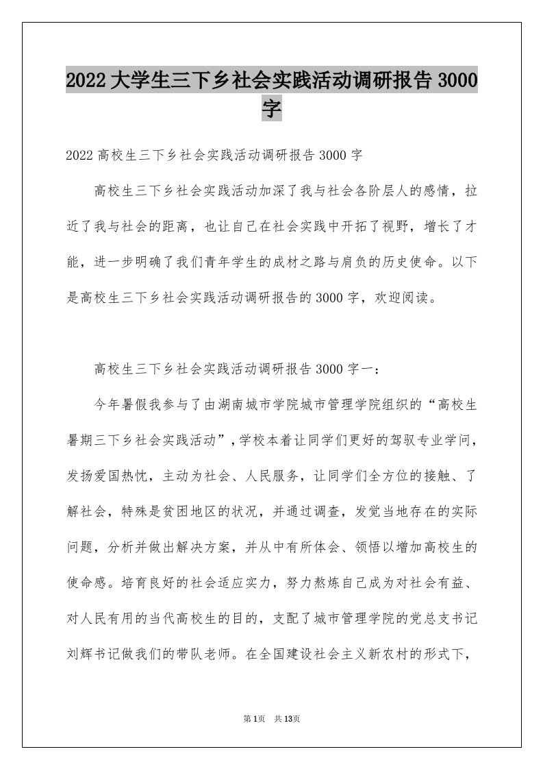 2022大学生三下乡社会实践活动调研报告3000字