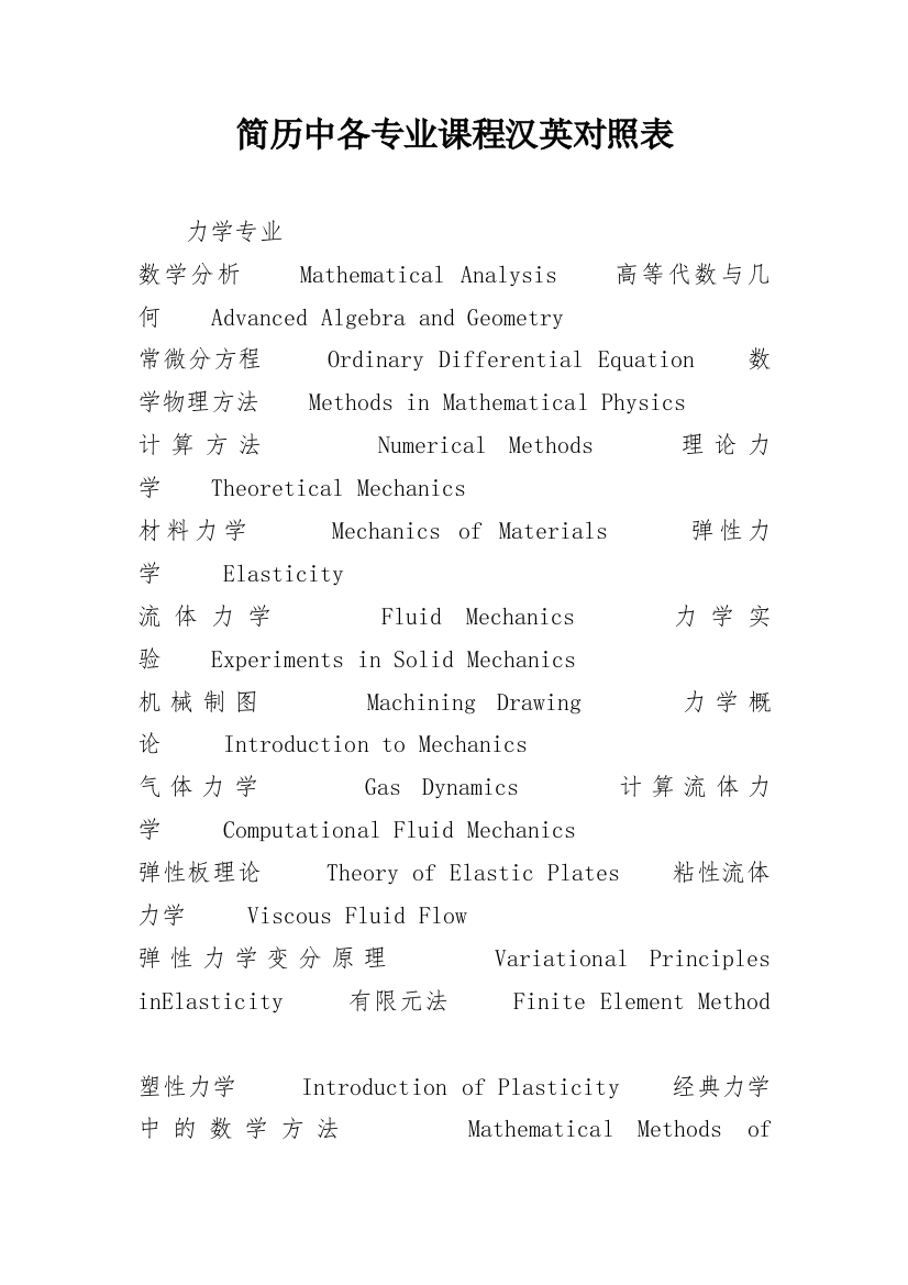 简历中各专业课程汉英对照表