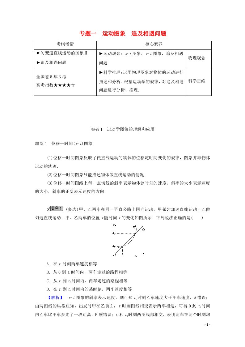 2021高考物理一轮复习第一单元运动的描述与匀变速直线运动专题一运动图象追及相遇问题学案新人教版