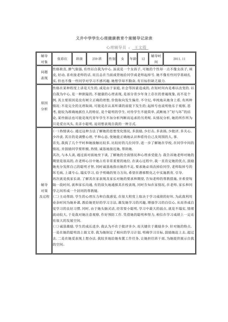 义井中学学生心理健康教育个案辅导记录表