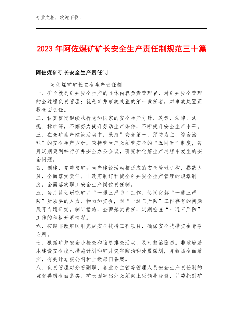 2023年阿佐煤矿矿长安全生产责任制规范三十篇