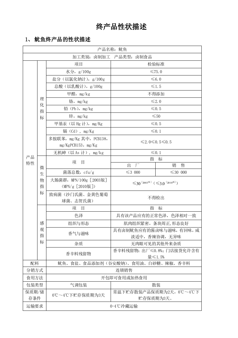 终产品特性描述