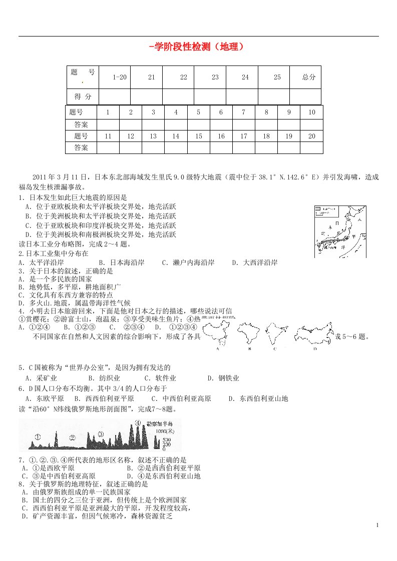 山东省滕州市大坞镇大坞中学七级地理6月月考试题