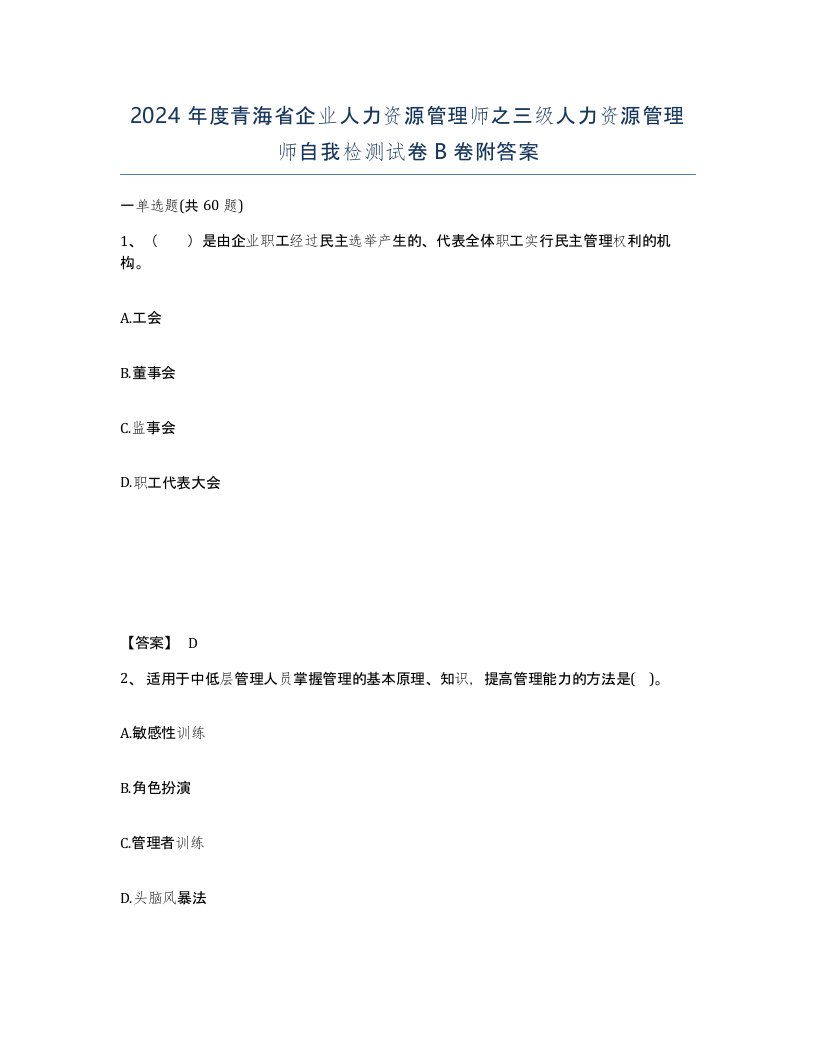 2024年度青海省企业人力资源管理师之三级人力资源管理师自我检测试卷B卷附答案