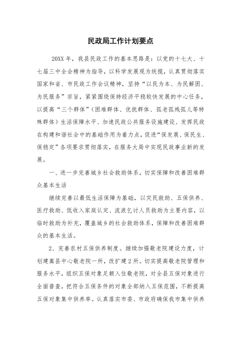 工作计划范文_计划书_民政局工作计划要点