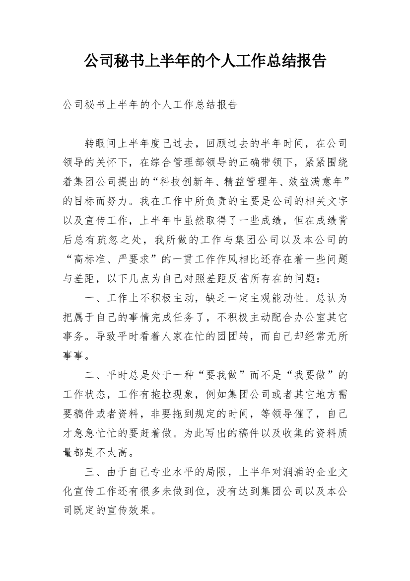 公司秘书上半年的个人工作总结报告