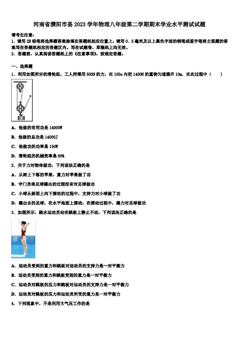 河南省濮阳市县2023学年物理八年级第二学期期末学业水平测试试题(含解析)