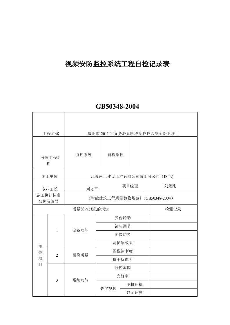 视频安防监控系统工程自检记录表