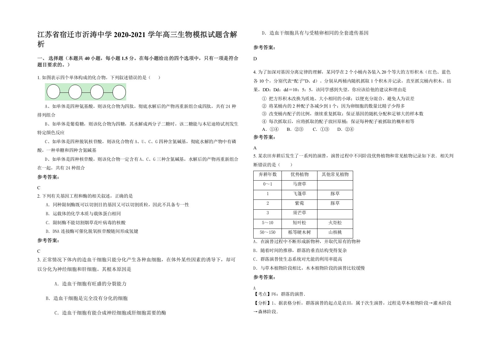 江苏省宿迁市沂涛中学2020-2021学年高三生物模拟试题含解析