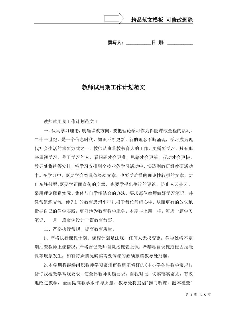 2022年教师试用期工作计划范文