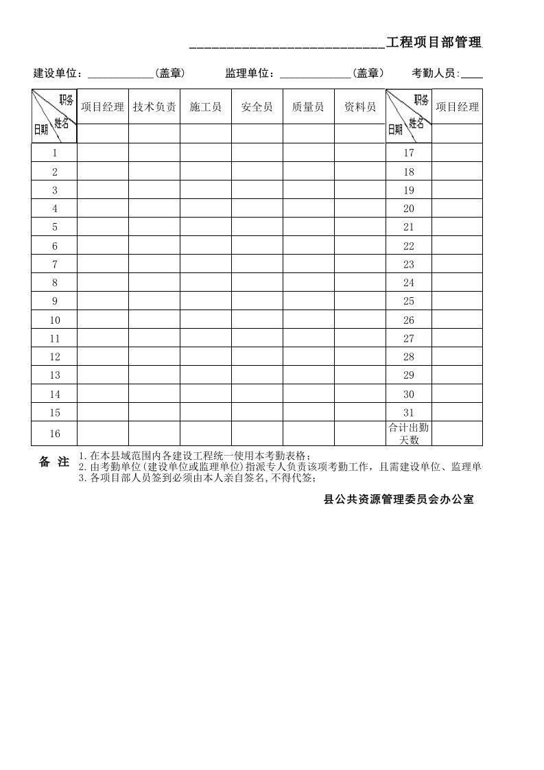 建设工程项目部管理人员考勤签到表