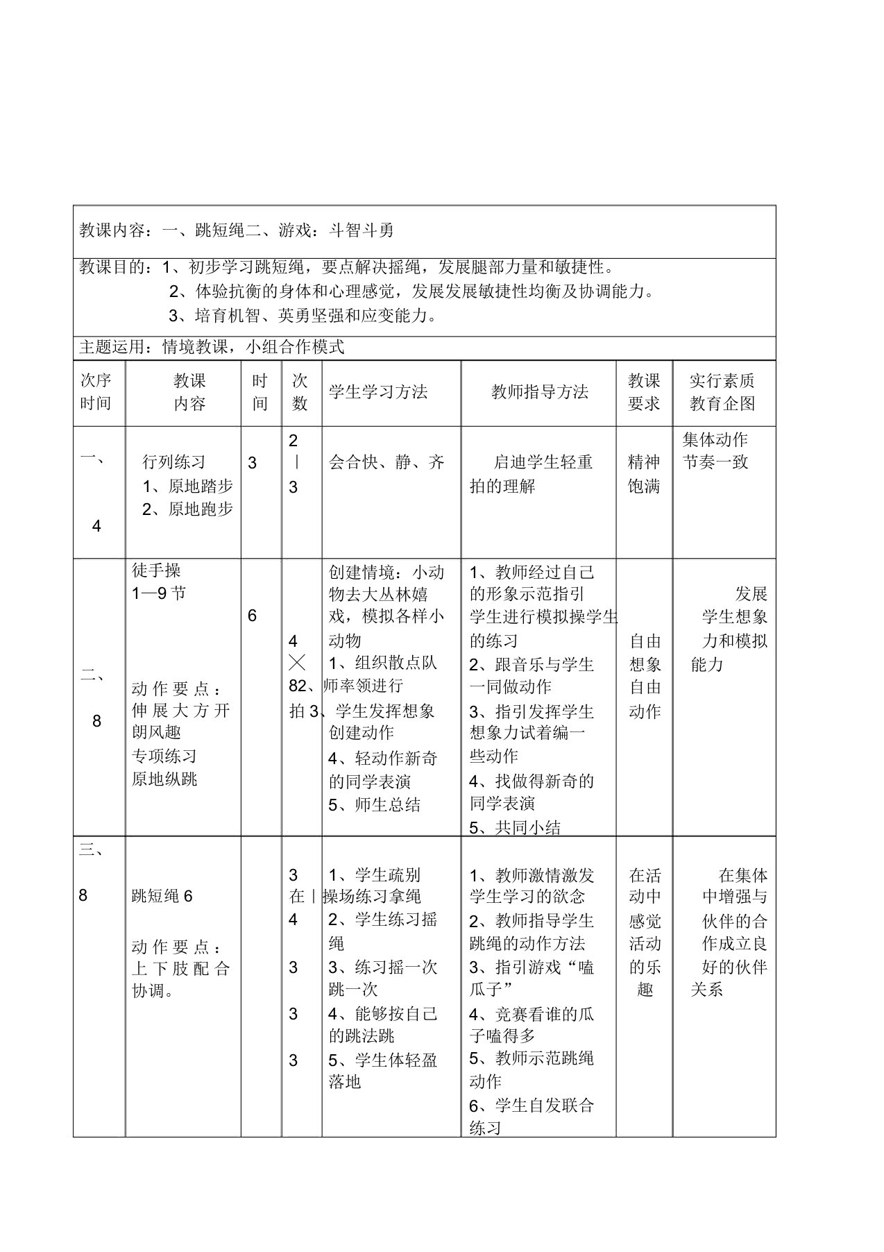 小学体育与健康一年级第二学期《跳短绳游戏斗智斗勇》4课时表格式教案